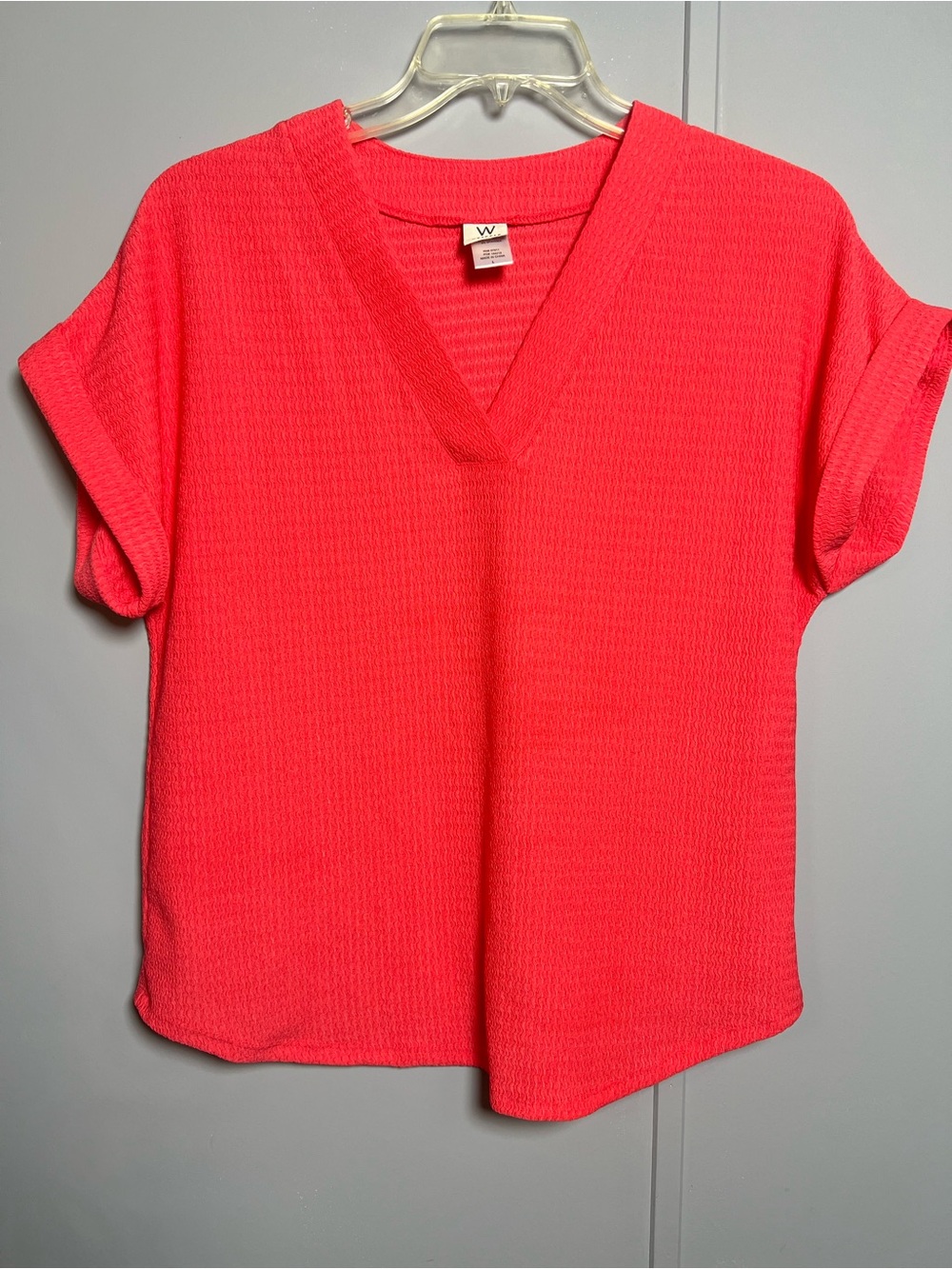 Wrapper Coral Textured V-neck Top Women's Large Short Sleeve Lightweight Blouse